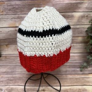 Red and White Knit Messy Bun Beanie